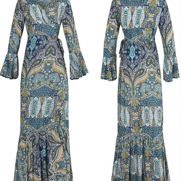R. VIVIMOS Blue & Chartreuse Paisley Ruffled Maxi Wrap Dress SZ LG (12/14) - Picture 2 of 12
